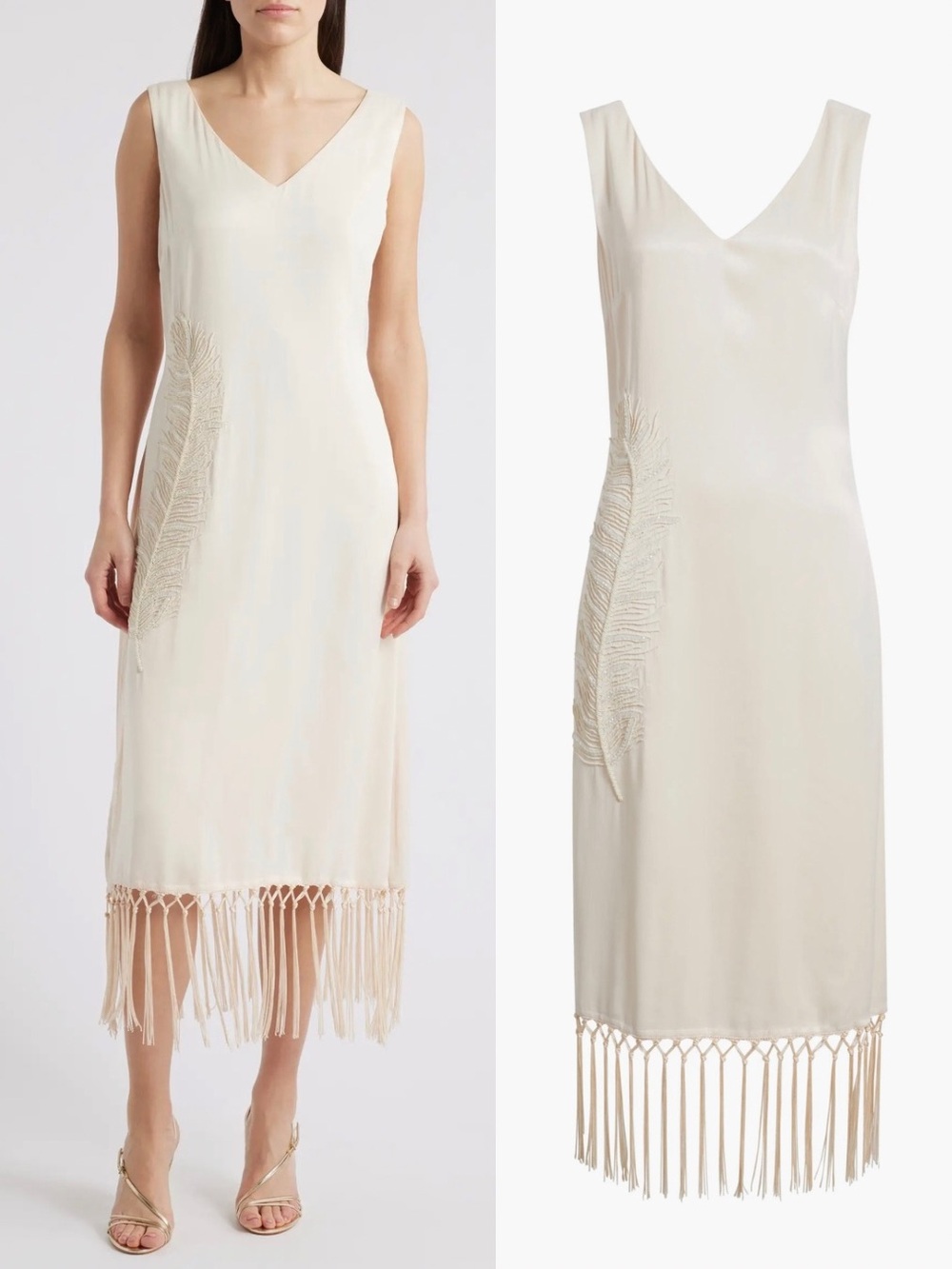 NWT CIEBON Serita Beaded Feather Fringe Midi Dress Soft Blush Pink S ResortWear